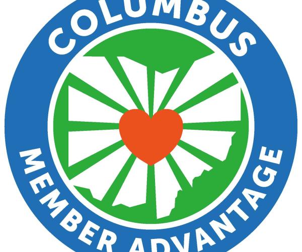 This is the emblem for the Columbus Member Advantage Program. It's a circular emblem with a blue outline that reads Columbus on top and Member Advantage in the bottom of the outline. It's a white outline of Ohio with a red heart in the middle of the state on top of a green background.