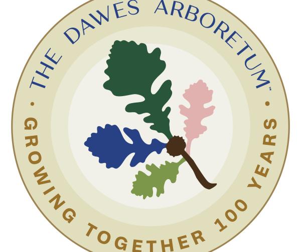 The Dawes Arboretum's new Centennial log features four leaves on the bur oak leaf: pink, green, dark blue and a darker green that all represent something special about The Arboretum. It has a tan badge surrounding it that says "The Dawes Arboretum: Growing Together 100 Years."