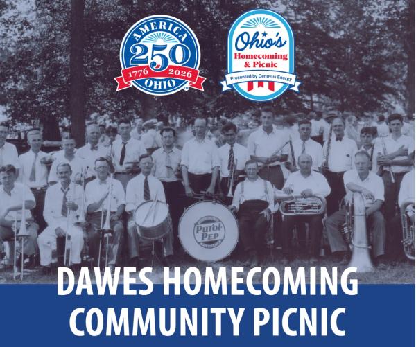 This is a black and white photograph of people attending The Pure Oil Company's annual picnic. There is a band sitting in front. It is overlayed with a blue bar that reads "Dawes Homecoming Community Picnic." It is also layered with America 250's anniversary logo as well as the America 250 picnic logo. 