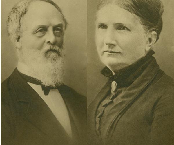 Two black and white photos are side-by-side. Beman Gates is on the left side and Betsey Shipman Gates is on the right side. 