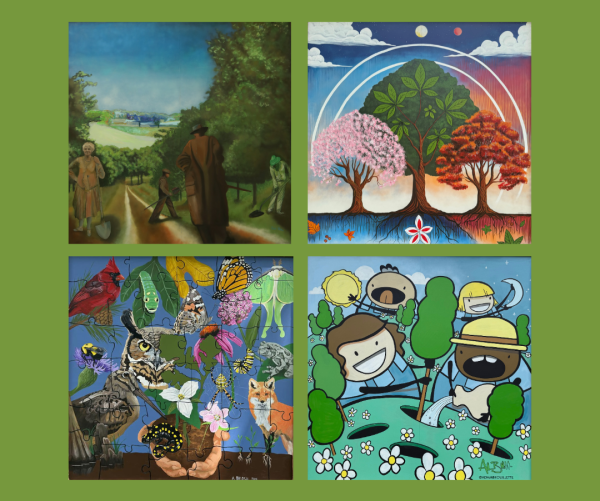 This is an image of three paintings that make up equal squares, including a square with the white version of The Dawes Arboretum's logo. 