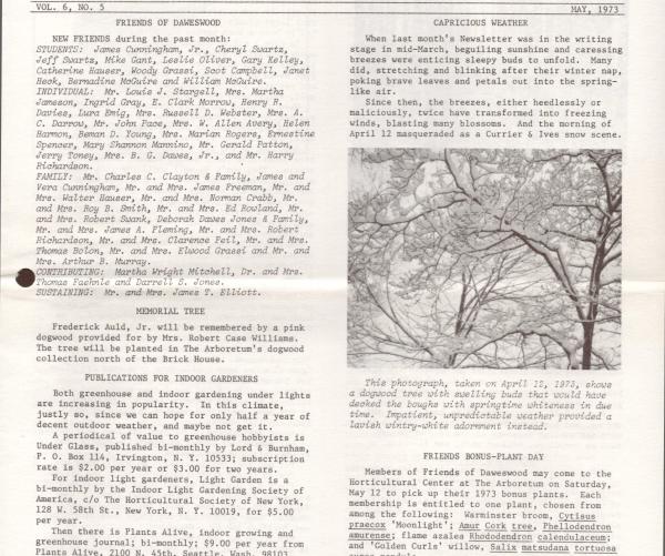 This picture is of The Dawes Arboretum's newsletter. The font is black and white. There is a photo of trees on the front page with the Dawes logo.