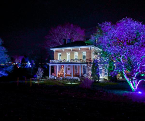 The Daweswood House is lit up at night surrounded by two trees that are uplit with the color purple. 