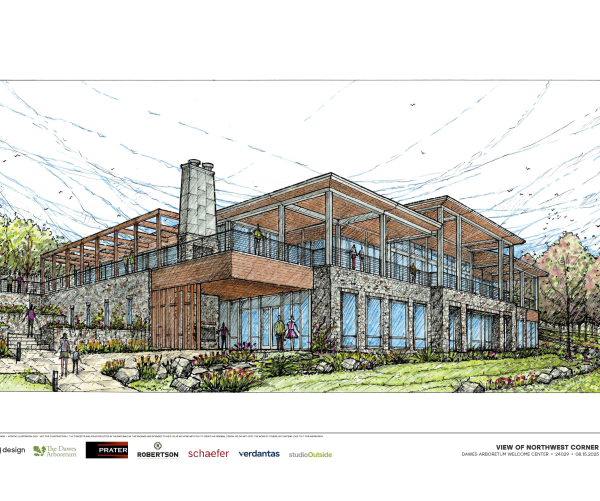 This is a drawing of a mockup of the Dawes Arboretum's new welcome center. It is from the hypothetical northwest end of the building. The building has glass panes all around it. It has orange and stone walls, with drawn people in front of it.