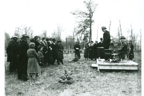 This is a black-and-white photo of the Tree Dedication of Rufus C. Dawes, The Arboretum's co-founder's, Beman Dawes, brother.