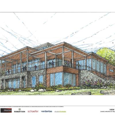 The Dawes Arboretum's new Welcome Center drawing. The building is a brown-ish red with two levels and windows all around it. There's green trees in the back.