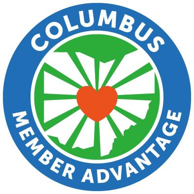 This is the emblem for the Columbus Member Advantage Program. It's a circular emblem with a blue outline that reads Columbus on top and Member Advantage in the bottom of the outline. It's a white outline of Ohio with a red heart in the middle of the state on top of a green background.