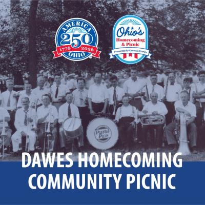 This is a black and white photograph of people attending The Pure Oil Company's annual picnic. There is a band sitting in front. It is overlayed with a blue bar that reads "Dawes Homecoming Community Picnic." It is also layered with America 250's anniversary logo as well as the America 250 picnic logo. 