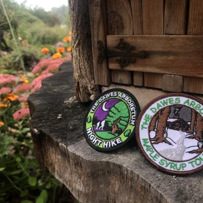 Two girl scout badges sit near the fairy house in a garden. The flowers on the left of the image are pink and yellow. The badges are for maple syrup tasting and hiking.
