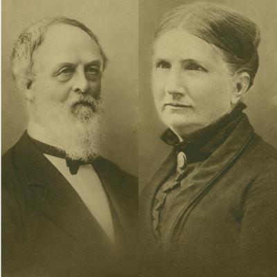 Two black and white photos are side-by-side. Beman Gates is on the left side and Betsey Shipman Gates is on the right side. 