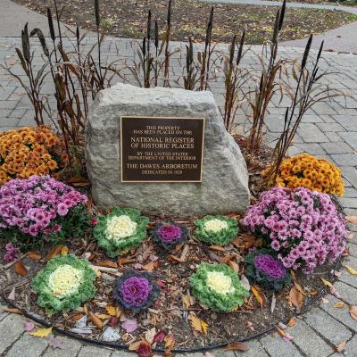 Plaque that states "National Register of Historic Places by the United States Department of the Interior The Dawes Arboretum dedicated in 1929"