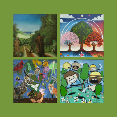 This is an image of three paintings that make up equal squares, including a square with the white version of The Dawes Arboretum's logo. 