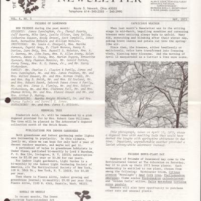 This picture is of The Dawes Arboretum's newsletter. The font is black and white. There is a photo of trees on the front page with the Dawes logo.