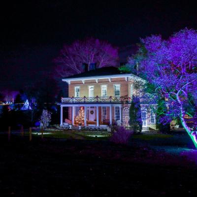 The Daweswood House is lit up at night surrounded by two trees that are uplit with the color purple. 