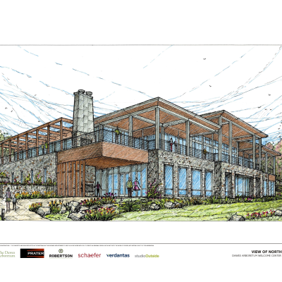 This is a drawing of a mockup of the Dawes Arboretum's new welcome center. It is from the hypothetical northwest end of the building. The building has glass panes all around it. It has orange and stone walls, with drawn people in front of it.